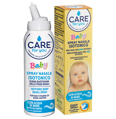 CARE FOR YOU® Baby es una línea concebida especialmente para el lavado nasal e incluye productos con pulverizador de agua de mar hipertónica y ampolla isotónica.