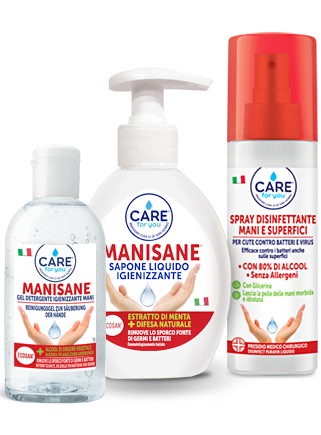 CARE FOR YOU® Manisane® con formula speciale Ecosan® rimuove dalle mani lo sporco fonte di germi e batteri.